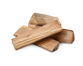 Cut firewood on white background. Heating in winter