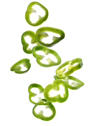 Image of Falling cut ripe green bell peppers on white background