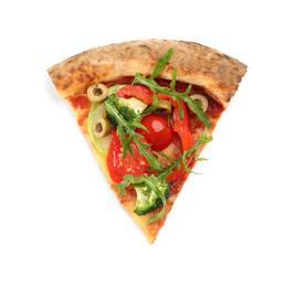 Photo of Slice of delicious pizza isolated on white, top view