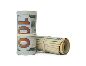 Rolled dollar banknotes on white background. American national currency
