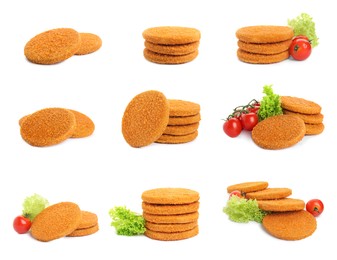 Set with tasty breaded cutlets on white background 