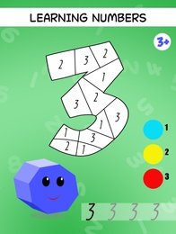 Educational games for kids, learning colors and numbers. Coloring digit three, illustration