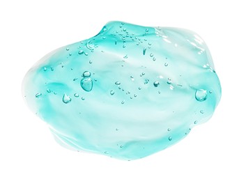 Photo of Sample of turquoise facial gel on white background, top view