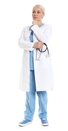 Full length portrait of pensive female doctor isolated on white. Medical staff
