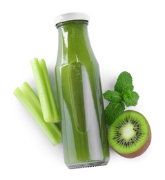 Photo of Fresh celery juice, mint and kiwi on white background, top view