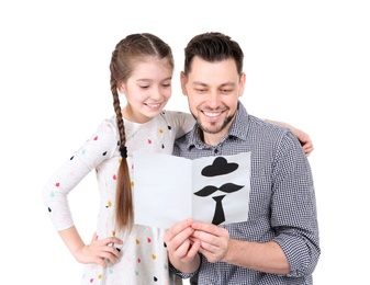 Little girl greeting her dad with Father's Day on white background