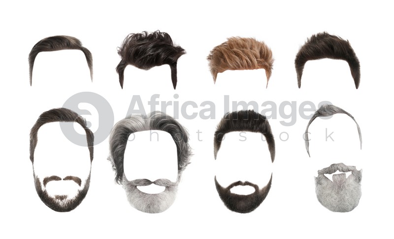 Fashionable men's hairstyles and beards isolated on white, collage