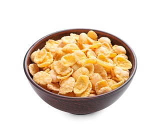 Bowl of tasty crispy corn flakes isolated on white