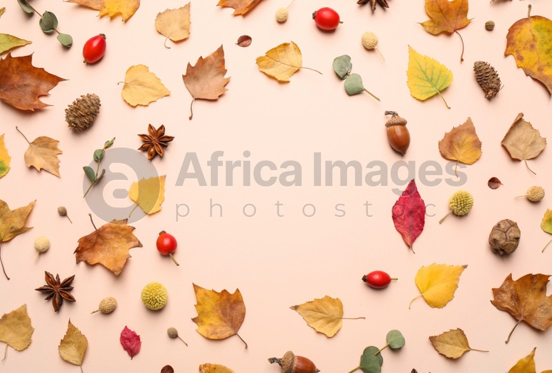 Flat lay composition with autumn leaves on light background, space for text