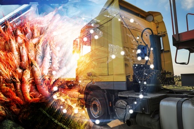 Multiple exposure of truck, shrimps and world globe. Wholesale concept