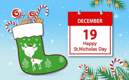 Saint Nicholas Day greeting card design. Calendar with date and Christmas stocking on blue background