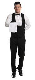 Handsome butler with towel on white background