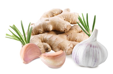 Image of Ginger root, garlic and rosemary on white background