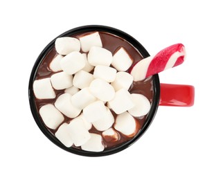 Cup of delicious hot chocolate with marshmallows and candy cane isolated on white, top view