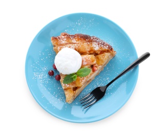Slice of traditional apple pie with ice cream on white background, top view