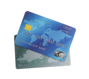 Different plastic credit cards on white background
