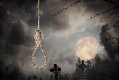 Rope noose with knot and misty cemetery on full moon night
