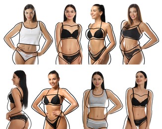 Collage with photos of slim young women wearing beautiful underwear on white background. Illustrations of lines around ladies before weight loss