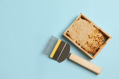 Photo of Honeycomb frame and uncapping fork on light blue background, flat lay with space for text. Beekeeping