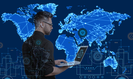 Double exposure of young man and world map with network connection lines. Modern technology