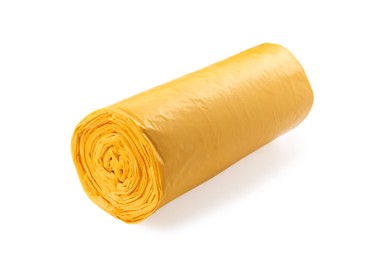Photo of Roll of yellow garbage bags isolated on white