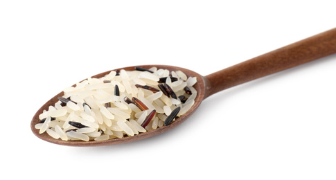 Mix of brown and polished rice in spoon isolated on white
