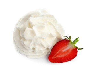Sliced strawberry with whipped cream on white background, top view