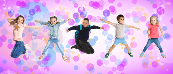 Image of Collage with photos of jumping kids on colorful background, banner design. School holidays