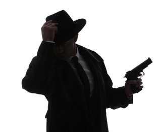 Old fashioned detective with gun on white background