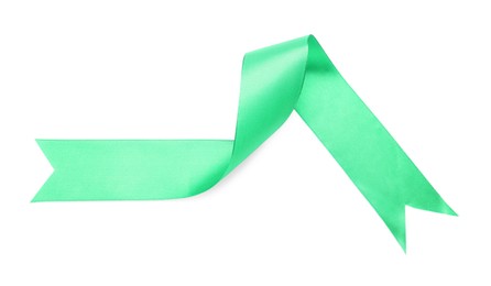 Beautiful green ribbon isolated on white, top view