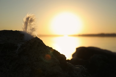 Feather at beach on sunset, closeup. Healing concept