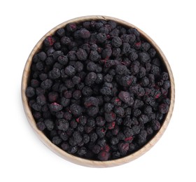 Freeze dried blueberries in bowl on white background, top view