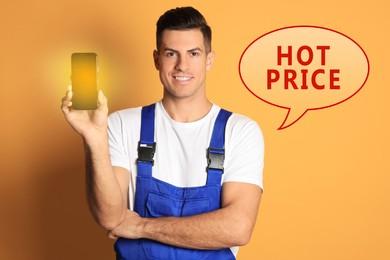 Smartphone repairing by hot price. Man with mobile phone on orange background