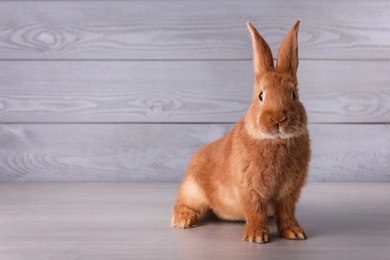 Cute bunny on grey table against wooden background, space for text. Easter symbol