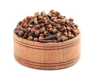 Aromatic dry cloves in wooden bowl isolated on white