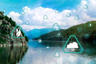 Digital eco icons and beautiful lake surrounded by mountains 