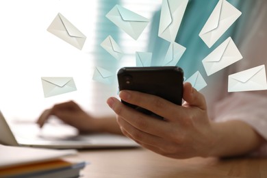 Image of Email spam. Woman with smartphone and many letters, closeup