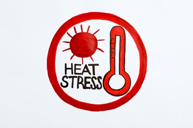 Words Heat Stress, thermometer and sun drawn in circle on white background, top view