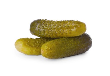 Tasty crunchy pickled cucumbers on white background
