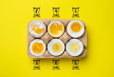 Image of Boiled chicken eggs of different readiness stages in carton on yellow background, top view