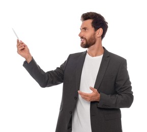 Photo of Handsome man gesturing on white background. Weather forecast reporter