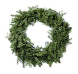 Christmas wreath made of fir branches on white background