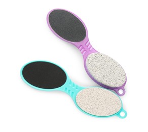 Pedicure tools with pumice stones and foot files on white background, top view