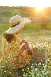Woman with straw hat and handbag full of chamomiles resting in meadow