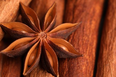 Aromatic anise star on cinnamon sticks as background, closeup