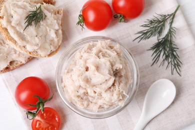 Photo of Delicious lard spread and tomatoes on table, flat lay