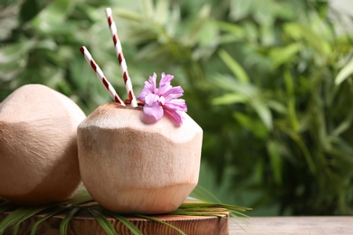Young peeled coconuts with straws, palm leaf and flower on wooden table. Space for text