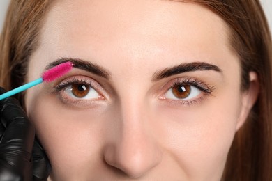 Beautician brushing woman's eyebrows after tinting, closeup