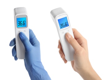 People with infrared thermometers on white background, collage. Checking temperature during Covid-19 pandemic
