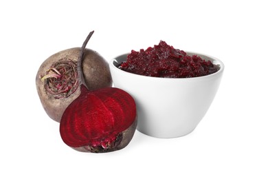 Photo of Delicious beetroot puree and fresh vegetables on white background. Healthy food